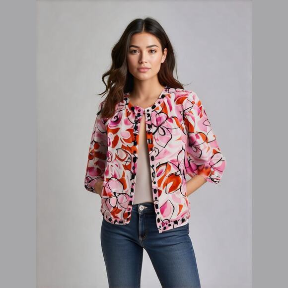 Saint Tropez West Pink Floral Cotton Button Closure Cropped Jacket Women Sz L - Picture 1 of 8